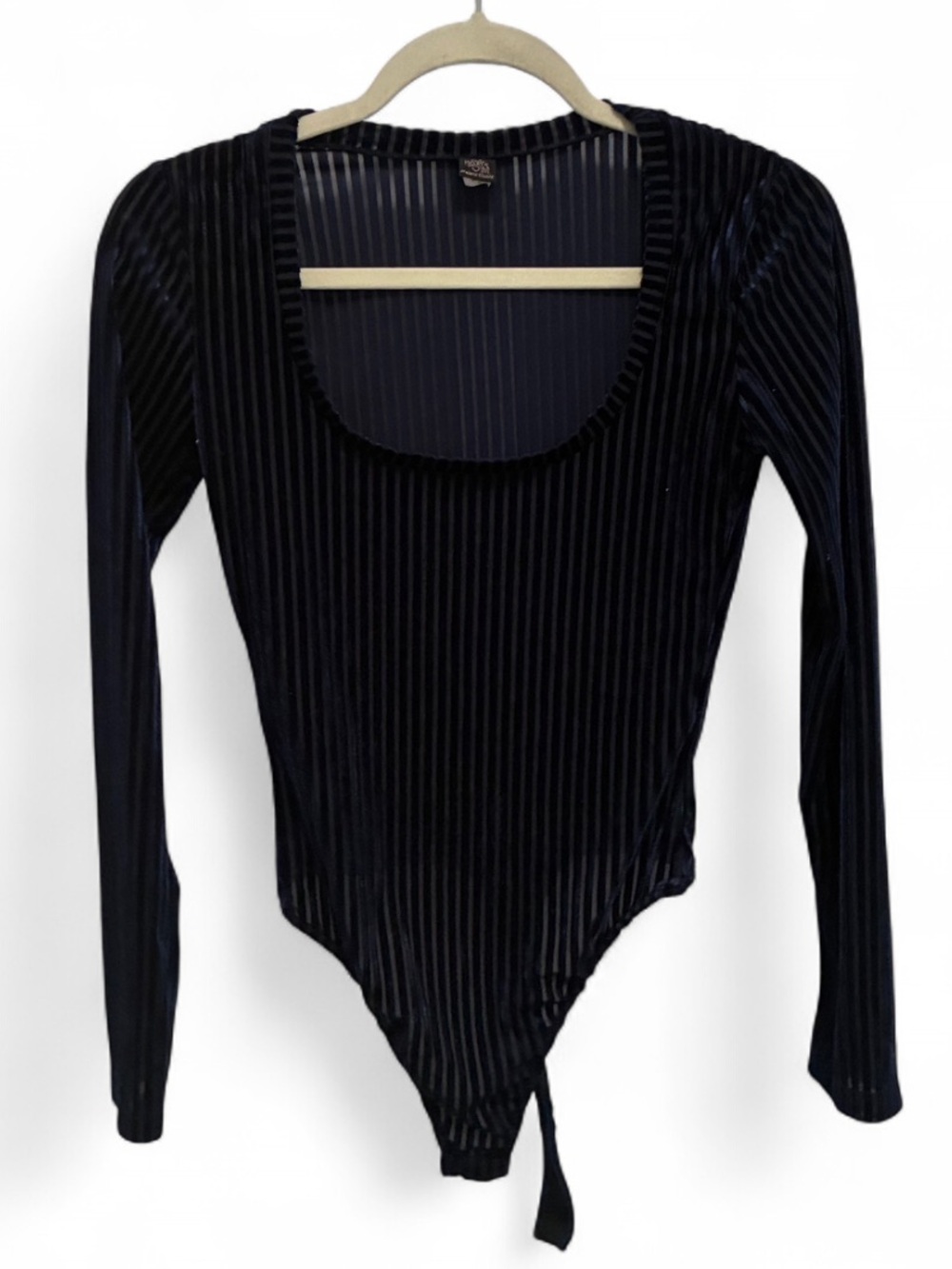 Only Hearts Dark Blue Velvet Striped Long Sleeve Thong Bodysuit
